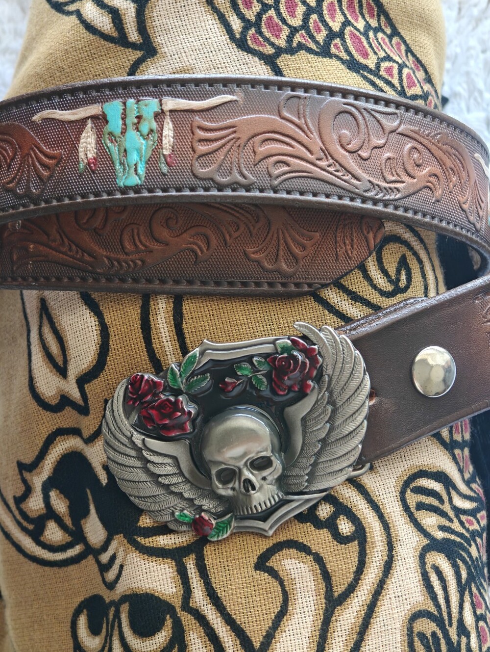 Vintage SISKIYOU 1988 Skull Born To Raise Hell Belt Buckle  & Belt Steer